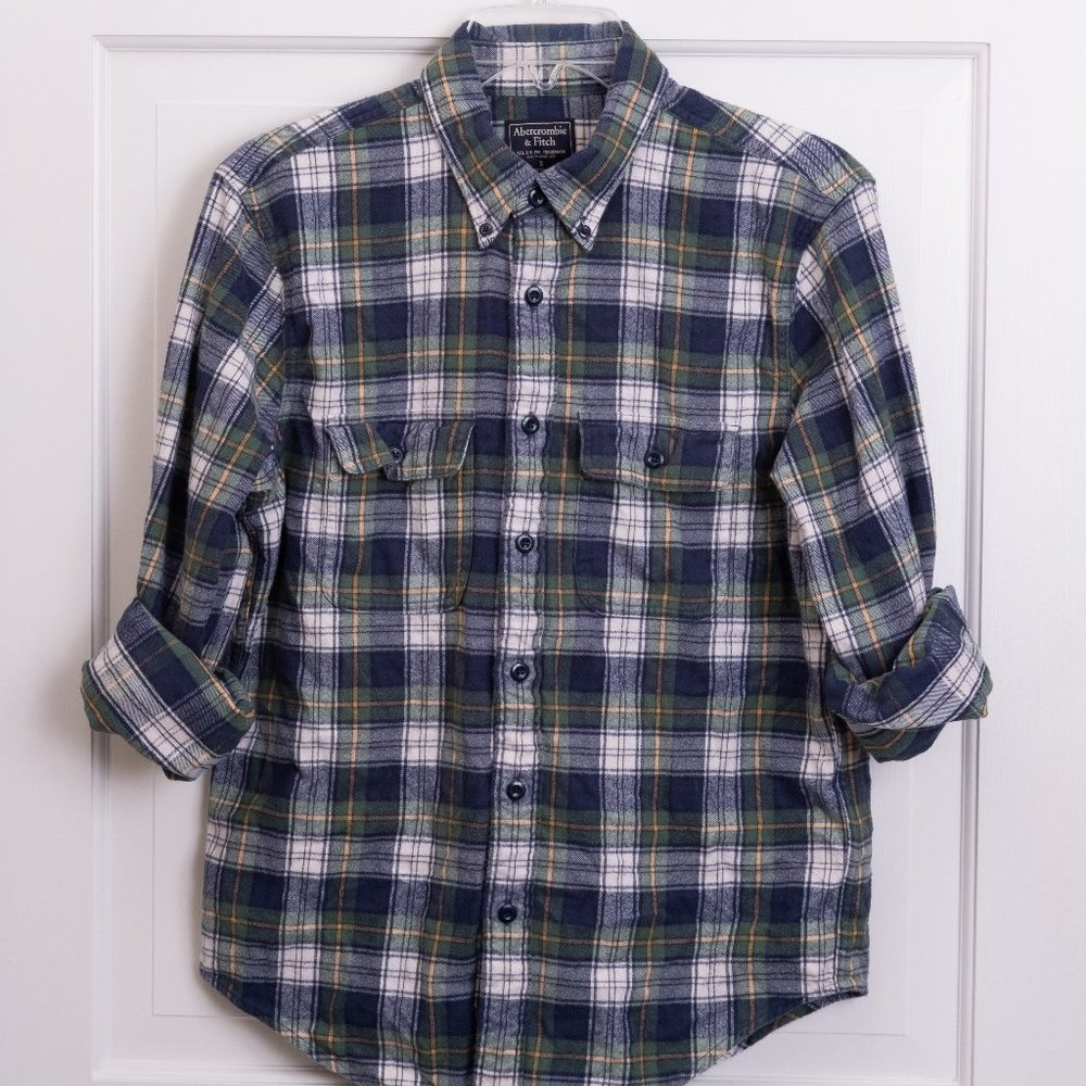 A&F Men's Blue-Green Plaid Flannel Shirt